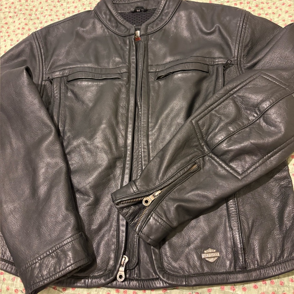 Harley-Davidson Black Leather Motorcycle Jacket with Mandarin Collar